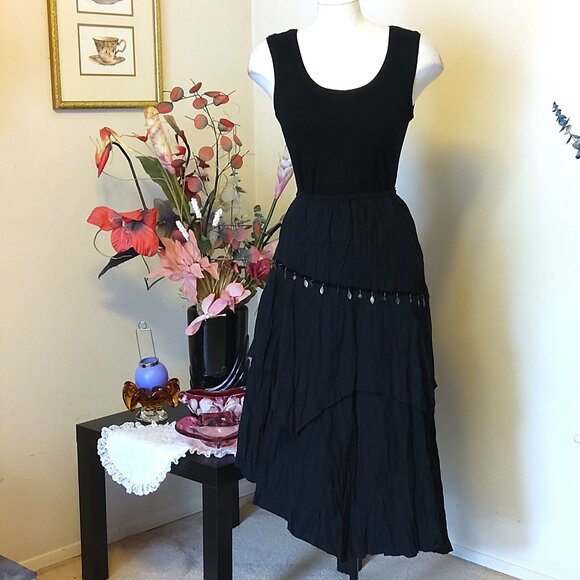 NWT Women Black 2-Layers of Tiered Lined Elastic High Waist Asymmetrical Skirt - Picture 8 of 16